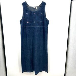 Vintage Koret City Blues Denim Midi Dress 4th of July Embroidery Womens 16W